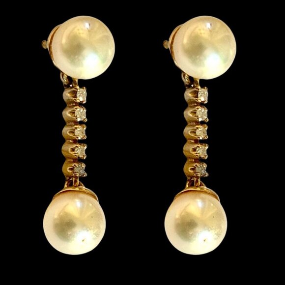 Pearl and Diamond Drop 14K Earrings Vintage - Picture 3 of 10